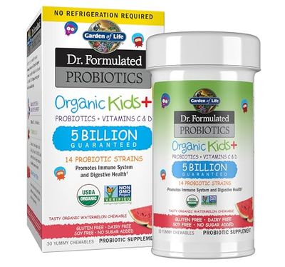 Garden of Life Dr. Formulated Probiotics Organic Kids+ Plus Vitamin C &amp; D - Watermelon - Gluten, Dairy &amp; Soy Free Immune &amp; Digestive Health Supplement, No Added Sugar, 30 Chewables (Shelf Stable)