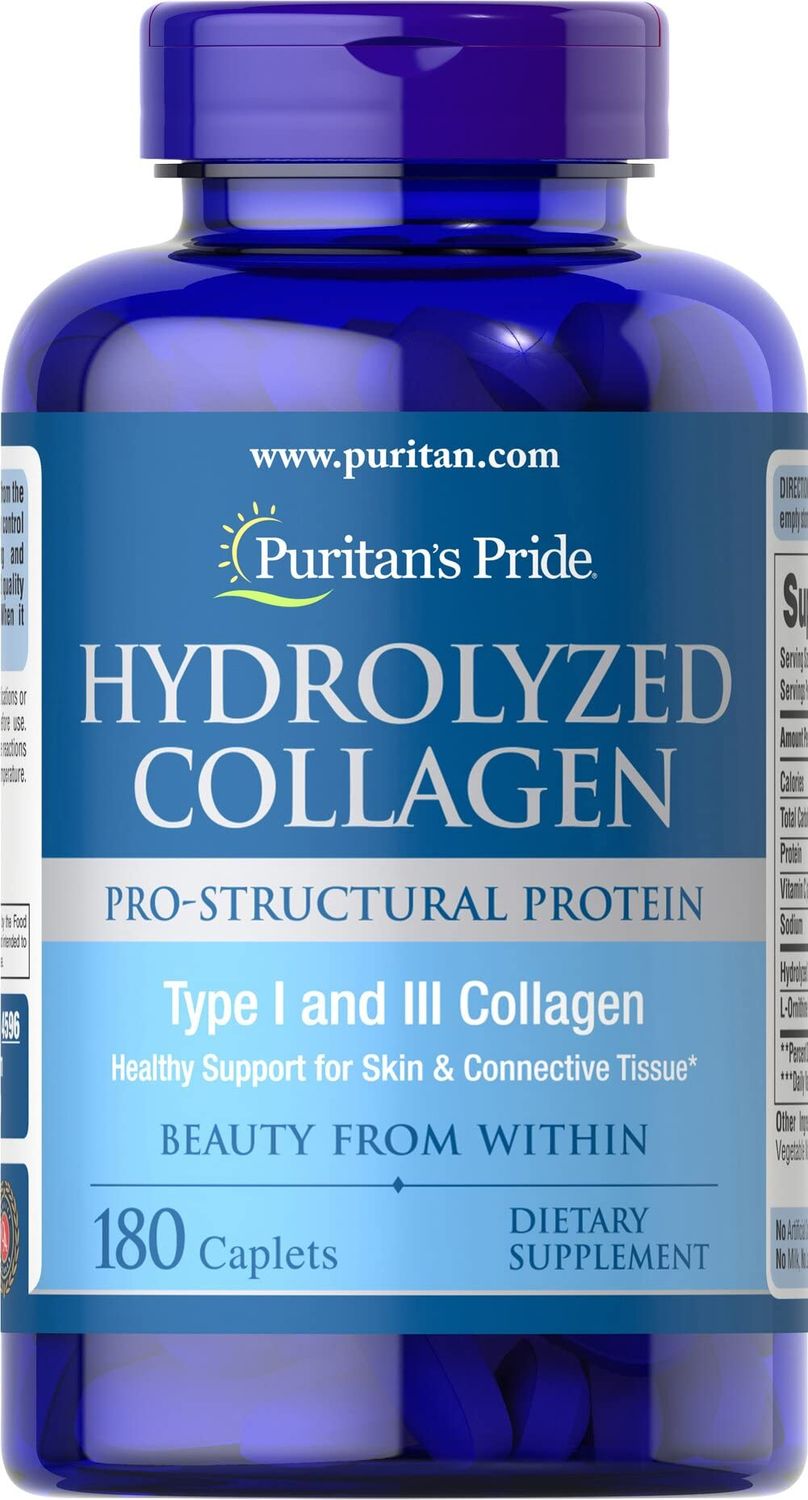 Puritan&#39;s Pride Hydrolyzed Collagen Pro-Structural Protein for Men and Women 1000mg, Dietary Supplement for Skin, Bones and Joints, 180 Caplets