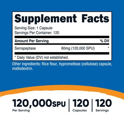 Nutricost Serrapeptase 120,000 SPU, 120 Capsules - Gluten Free, Non-GMO, and Vegetarian Friendly
