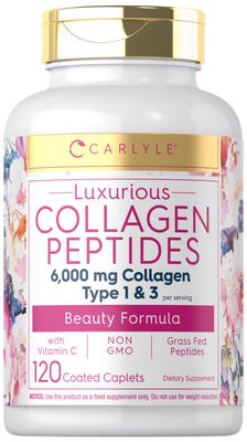 Carlyle Collagen with Vitamin C | 6000mg | 120 Caplets | Multi Collagen Peptide Pills | Type 1 and 3 | Non-GMO, Gluten Free, Grass Fed