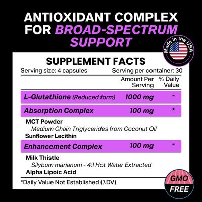 1000mg Glutathione for Immune Support - 100mg Absorption Complex - Reduced Liposomal Glutathione Supplement with Alpha Lipoic Acid - Brain Booster, Glowing Skin, Liver Support, 120 Vegetarian Capsules