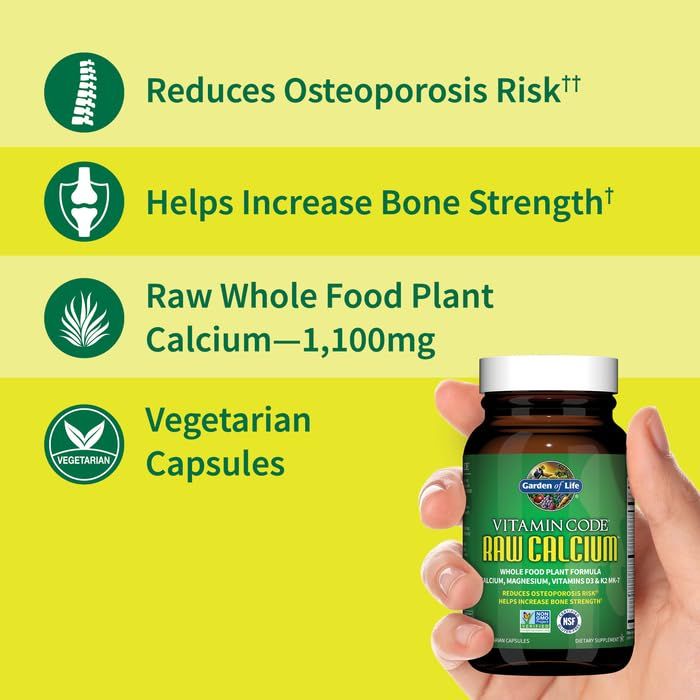 Garden of Life Raw Calcium Supplement for Women and Men - Vitamin Code Made from Whole Foods with Magnesium, K2, Vitamin D3 and Vitamin C Plus Probiotics for Digestion, 60 Capsules