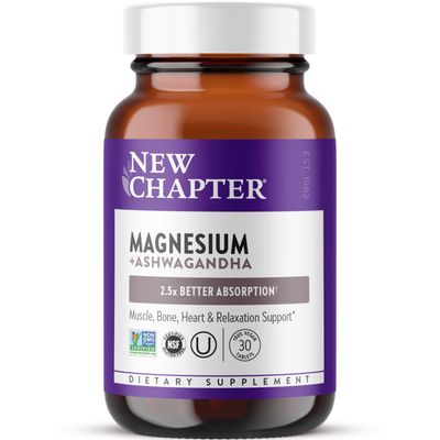 New Chapter Magnesium + Ashwagandha Supplement, 325 mg with Magnesium Glycinate, Calm &amp; Relaxation, Muscle Recovery, Heart &amp; Bone Health, 2.5x Absorption, Gluten Free, Non-GMO - 30 ct (1 Month Supply)