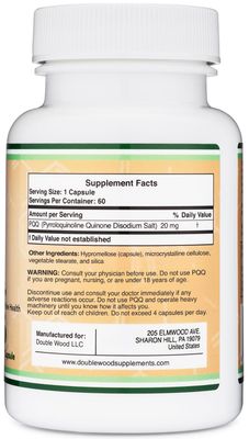 PQQ Supplement - 20mg, 60 Capsules (Pyrroloquinoline Quinone) Promotes Mitochondria ATP Coenzyme Levels, Energy Optimizer and Sleep Support (Non-GMO, Gluten Free, Vegan Safe) by Double Wood