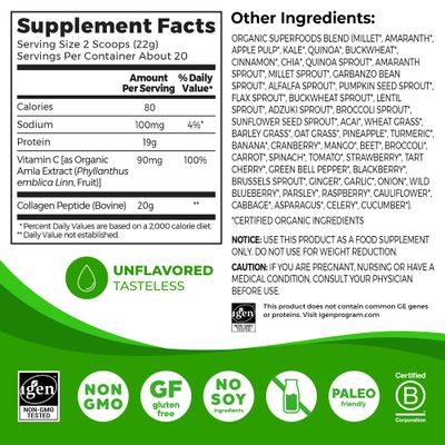 Orgain Hydrolyzed Collagen Powder + 50 Organic Superfoods For Women &amp; Men, 20g Grass Fed Collagen with Vitamin C, Unflavored - Hair, Skin, Nail, &amp; Joint Support Supplement, Non-GMO, Type I &amp; III, 1lb