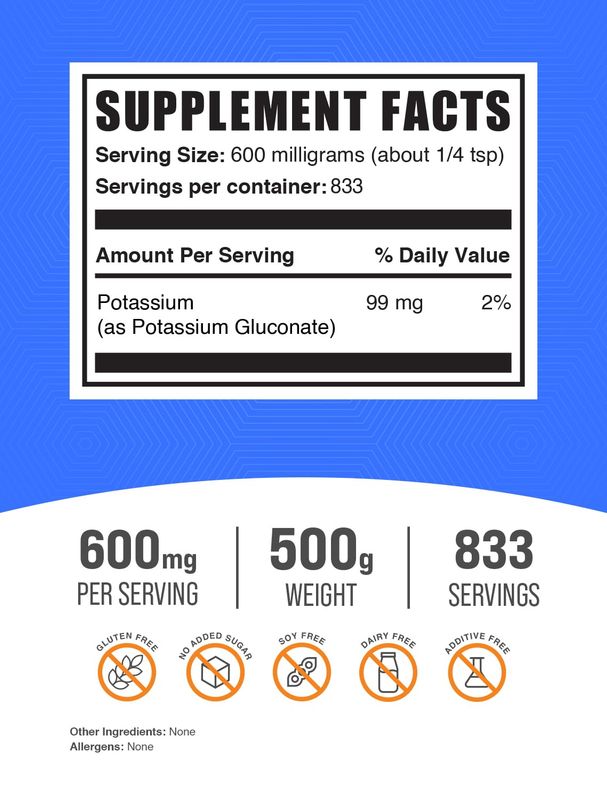 BulkSupplements.com Potassium Gluconate Powder - Potassium Supplement, Potassium Gluconate Supplement, Potassium Powder - Gluten Free, 600mg per Serving (99mg Potassium), 500g (1.1 lbs)