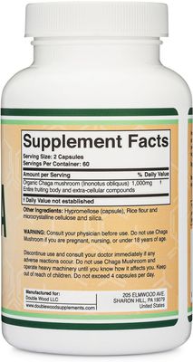 Chaga Mushrooms Capsules 120 Count (1,000mg Chaga Mushrooms Powder per Serving) High in Polysaccharides, Beta Glucans, and Terpenoids - Grown and Made in The USA, Vegan Safe, Organic by Double Wood