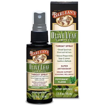 Barlean&#39;s Olive Leaf Complex Throat Spray with Peppermint, Lemon, &amp; Sage for Itchy Throat Relief, Immune Support Supplement for Seasonal Wellness, Liquid Blended Extract, 1.5 oz