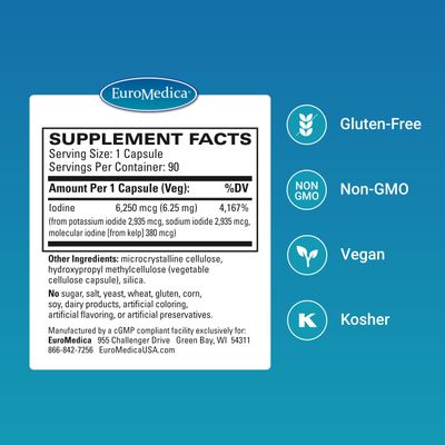 EuroMedica Tri-Iodine, 6.25mg, 90 Capsules - Potassium Iodide, Sodium Iodide & Molecular Iodine - Three Beneficial Forms of Iodine - Supports Healthy Thyroid & Immune Function - 90 Servings