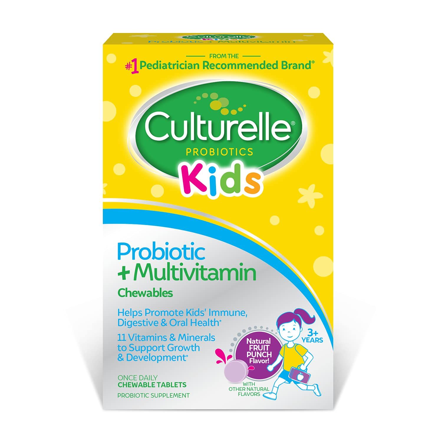Culturelle Kids Probiotic + Complete Multivitamin Chewable For Kids, Ages 3+, 30 Count, Digestive Health, Oral Health &amp; Immune Support - With 11 Vitamins &amp; Minerals, including Vitamin C, D3 &amp; Zinc
