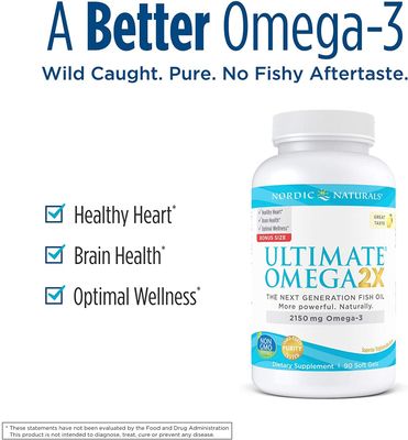 Nordic Naturals Ultimate Omega 2X, Lemon Flavor - 90 Soft Gels - 2150 mg Omega- High-Potency Omega-3 Fish Oil with EPA &amp; DHA - Promotes Brain &amp; Heart Health - Non-GMO - 45 Servings