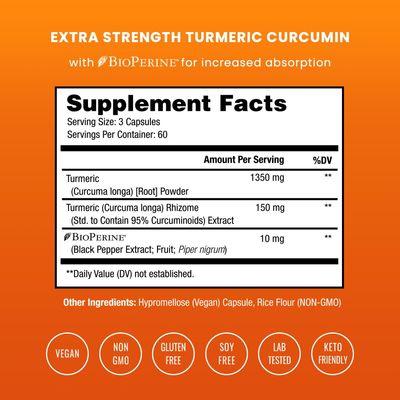 Turmeric Curcumin with Black Pepper Extract 1500mg | 95% Curcuminoids Extra Strength Turmeric Supplement for Joint Health, Brain, Heart &amp; Immune Support | Vegan &amp; Non-GMO | 180 Turmeric Capsules