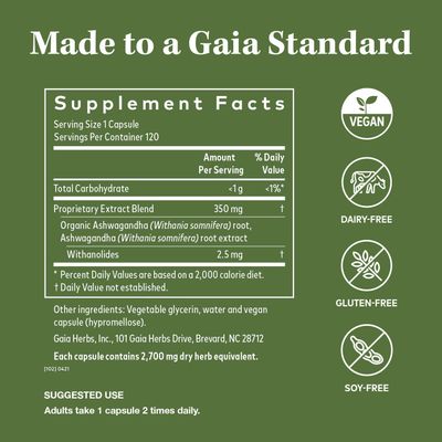 Gaia Herbs, Ashwagandha Root Vegan Liquid Phyto Capsules - Stress Relief, Immune Support Supplement, Balanced Energy Levels and Mood , 120 Ct (Pack of 1)