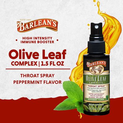 Barlean's Olive Leaf Complex Throat Spray with Peppermint, Lemon, &amp; Sage for Itchy Throat Relief, Immune Support Supplement for Seasonal Wellness, Liquid Blended Extract, 1.5 oz