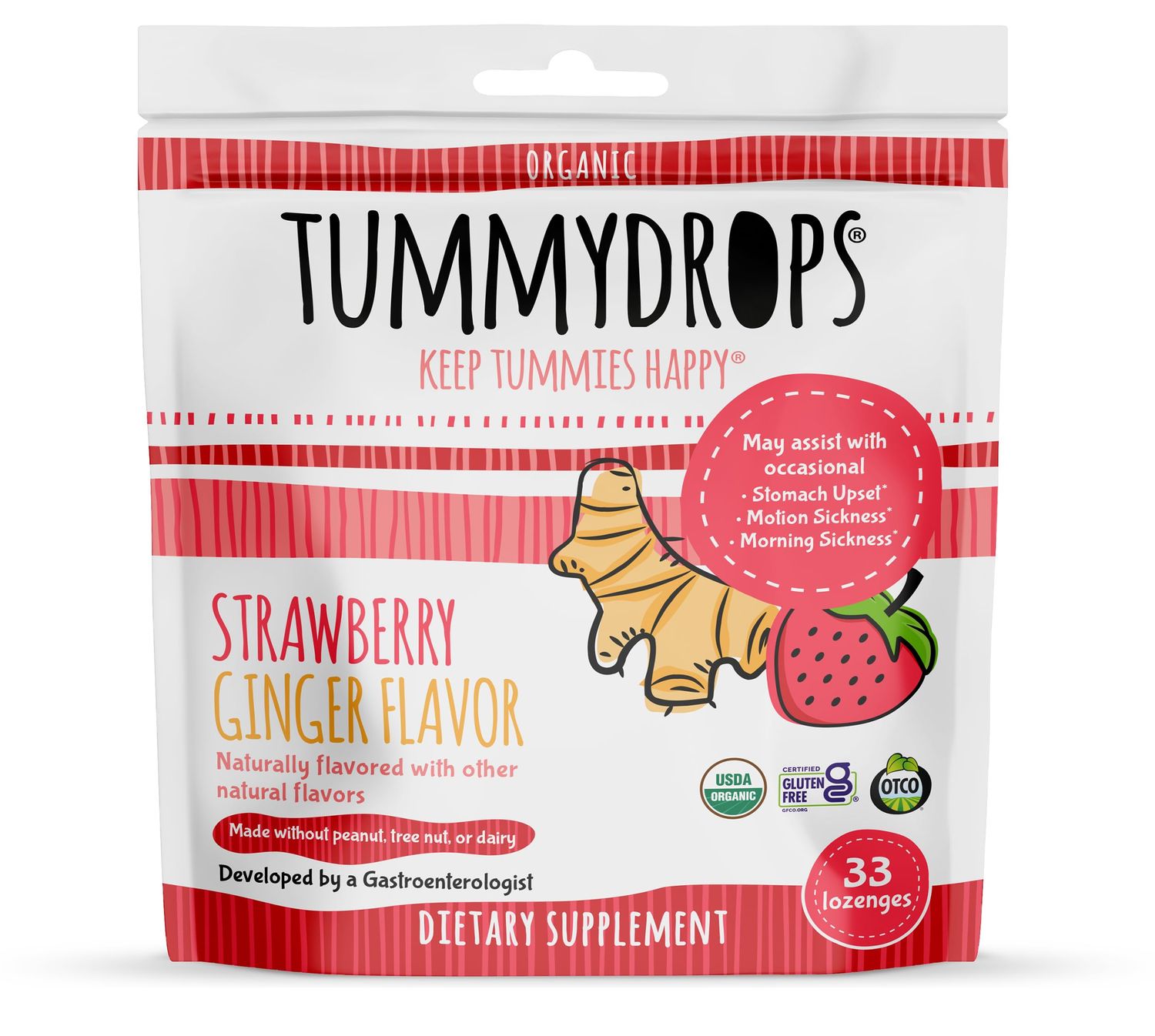 USDA Organic Strawberry Ginger Tummydrops, Gluten Free &amp; Vegan, 33 Individually Wrapped Organic Ginger Lozenges