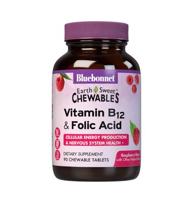 BlueBonnet Nutrition Earth Sweet Vitamin B12 &amp; Folic Acid Chewable Tablets, Soy-Free, Gluten-Free, Raspberry 90 Count (Pack of 1)