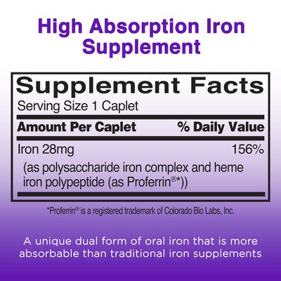 Feosol Complete Iron Supplement Caplets, Bifera Iron for High Absorption, Heme and Non-Heme Dual Action Minimizes Side Effects, 1 Per Day, for Energy and Immune System Support, Made in USA, 30 Count