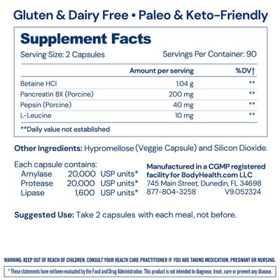 BodyHealth Digestive Enzymes Full Spectrum Digestive Support (180 caps), Betaine, Pepsin, Pancreatin BPP Loaded with Enzymes and Probiotics, Relief for Stomach Bloating, Heartburn, Gas, Constipation