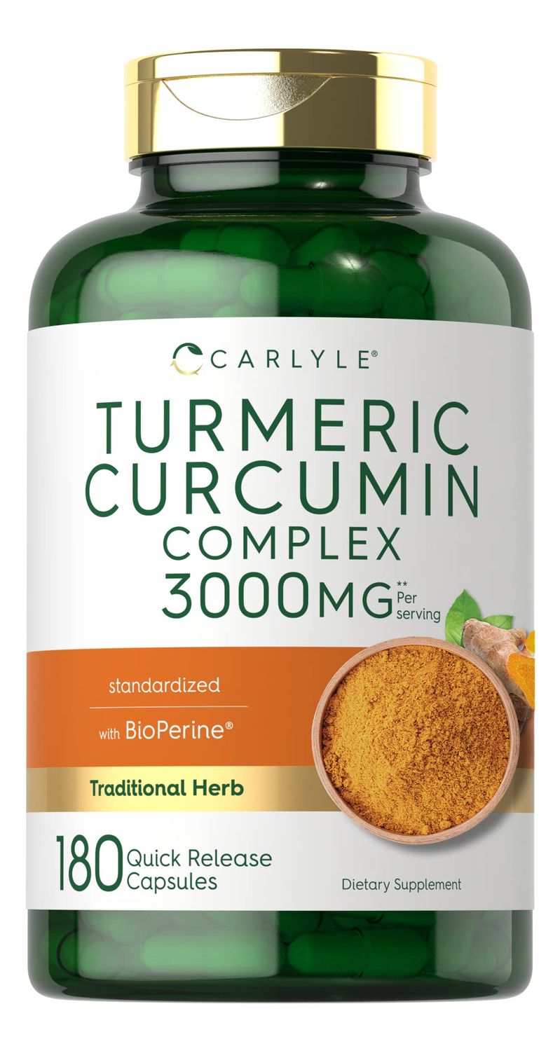 Carlyle Turmeric Curcumin Supplement | 3000mg 180 Capsules | with Black Pepper, Curcuminoids and Bioperine | Non-GMO, Gluten Free