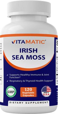 Vitamatic Organic Irish Sea Moss 120 Vegetarian Capsules - Made with Organic Bladderwrack &amp; Organic Burdock Root - Seamoss Supplement for Thyroid, Energy, Immune Support