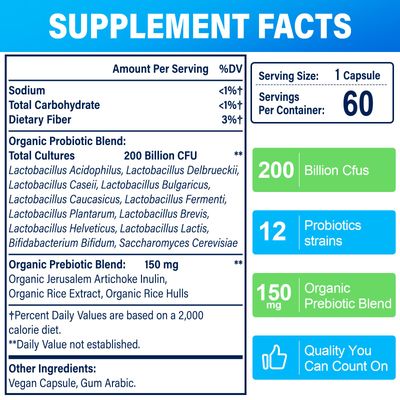 200 Billion Cfus 12 Strains Probiotics - Probiotics for Women Men, Daily Probiotic Supplement with 3 Prebiotic, for Support Immune, Gut Digestive Health, Shelf Stable, 60 Capsules (60-Days Supply)