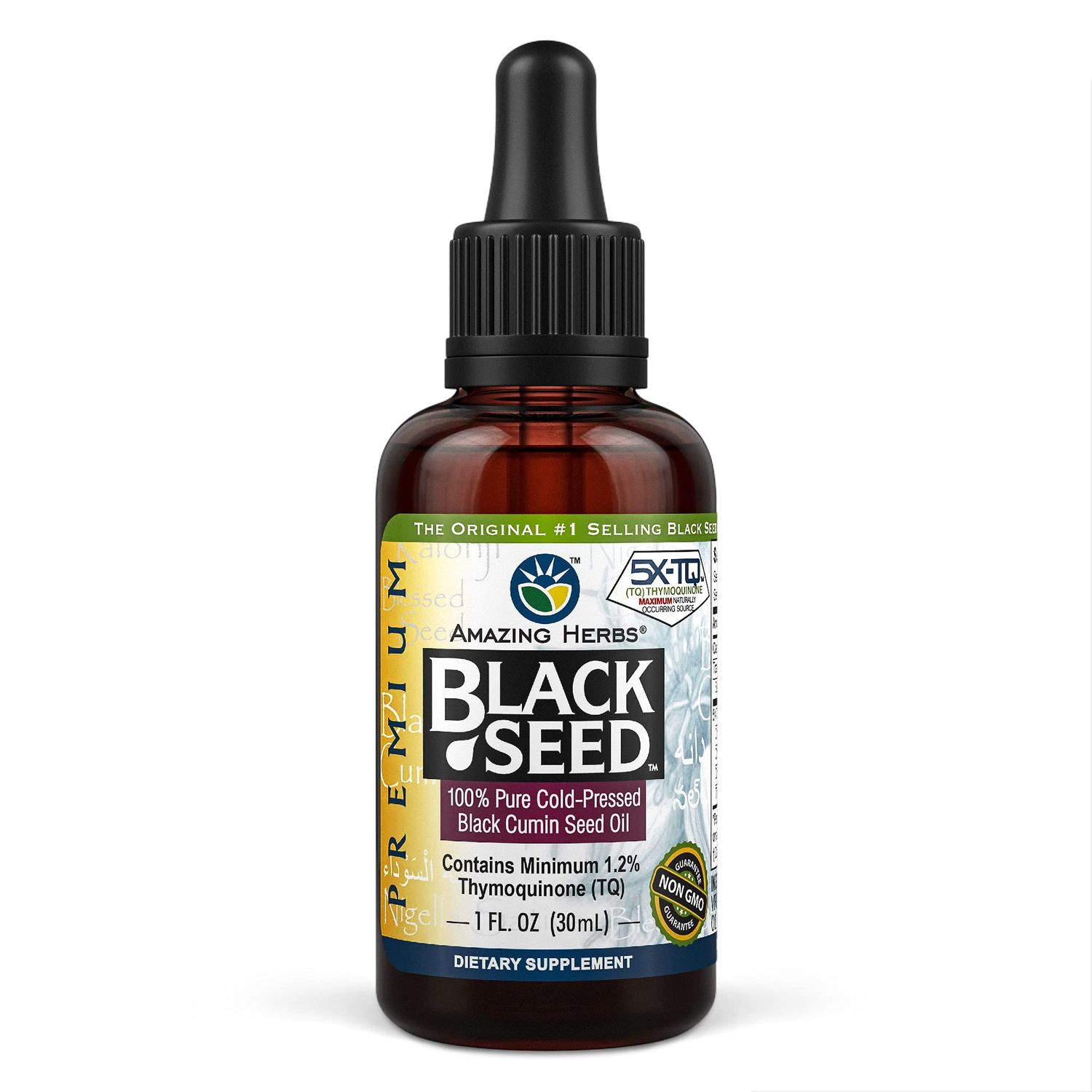 Amazing Herbs Premium Black Seed Oil - Cold Pressed Nigella Sativa Aids in Digestive Health, Immune Support, Brain Function, Joint Mobility, Gluten Free, Non GMO - 1 Fl Oz