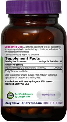 Oregon's Wild Harvest Certified Organic Ashwagandha Herbal Vegan Capsules, 1200 MGS, 90 Count