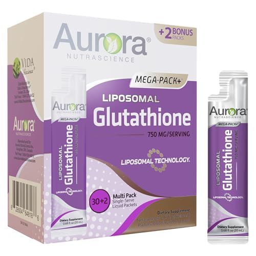 Aurora Nutrascience Mega-Pack Liposomal Glutathione, Immune System Support, Antioxidant, 750 mg per Serving, 32 Packets, Non-GMO, Sugar-Free, 21.7 fl oz (640 mL)
