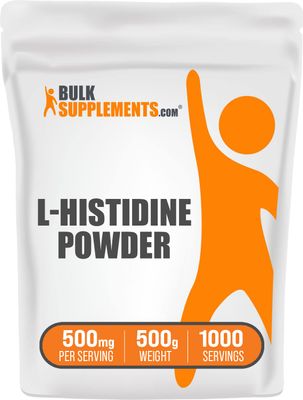 BulkSupplements.com L-Histidine Powder - as L-Histidine Base, Histidine Supplement - Essential Amino Acid &amp; Gluten Free, 500mg per Serving, 500g (1.1 lbs) (Pack of 1)