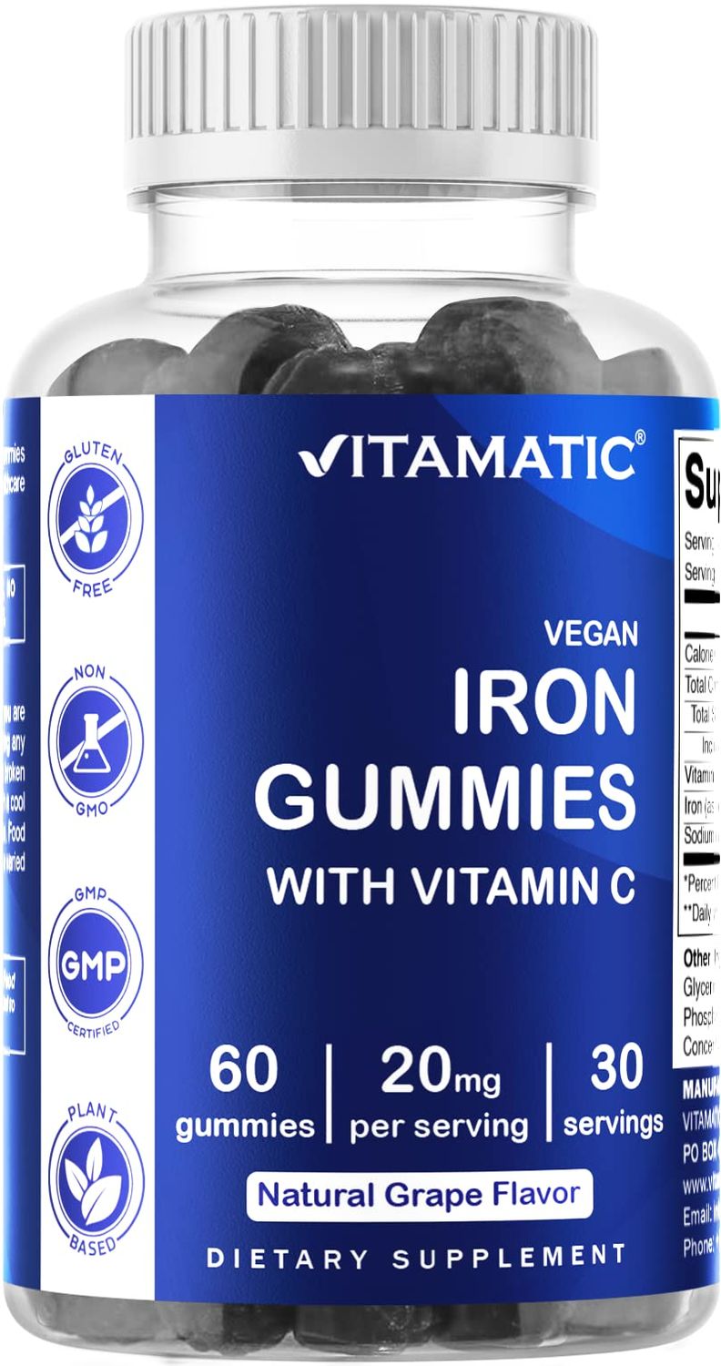 Vitamatic Iron Gummies Supplement for Women &amp; Men - 20mg Serving - 60 Vegan Gummies - Great Tasting Iron Gummy Vitamins with Vitamin C (60 Count (Pack of 1))