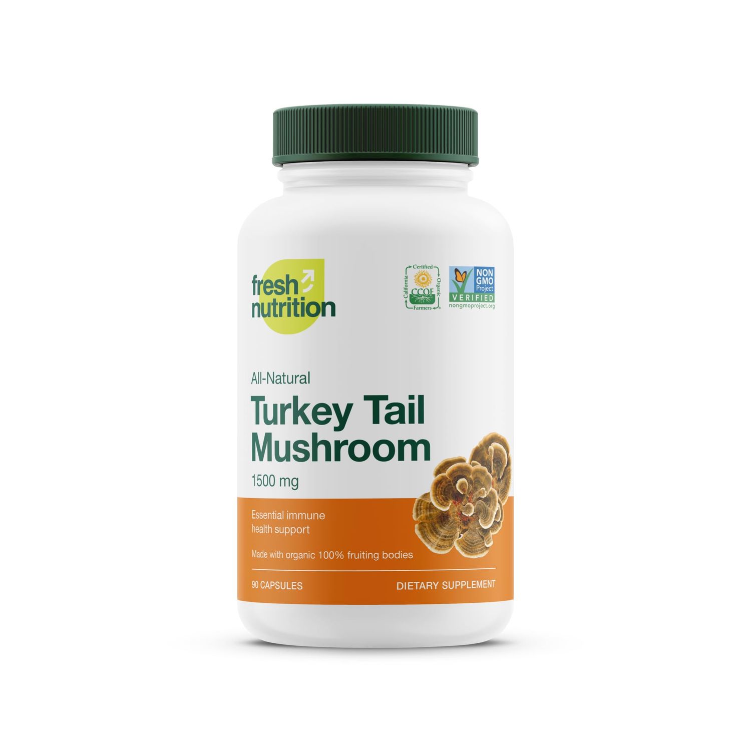 Fresh Nutrition Organic Turkey Tail Mushroom Extract Supplement - High in Beta Glucans - Non-GMO, Vegan Friendly, Gluten-Free - 90 Capsules