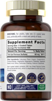 Carlyle Iron Ferrous Sulfate 365mg, 65 mg | 400 Tablets | Non-GMO, Gluten Free, and Vegetarian Supplement | High Potency