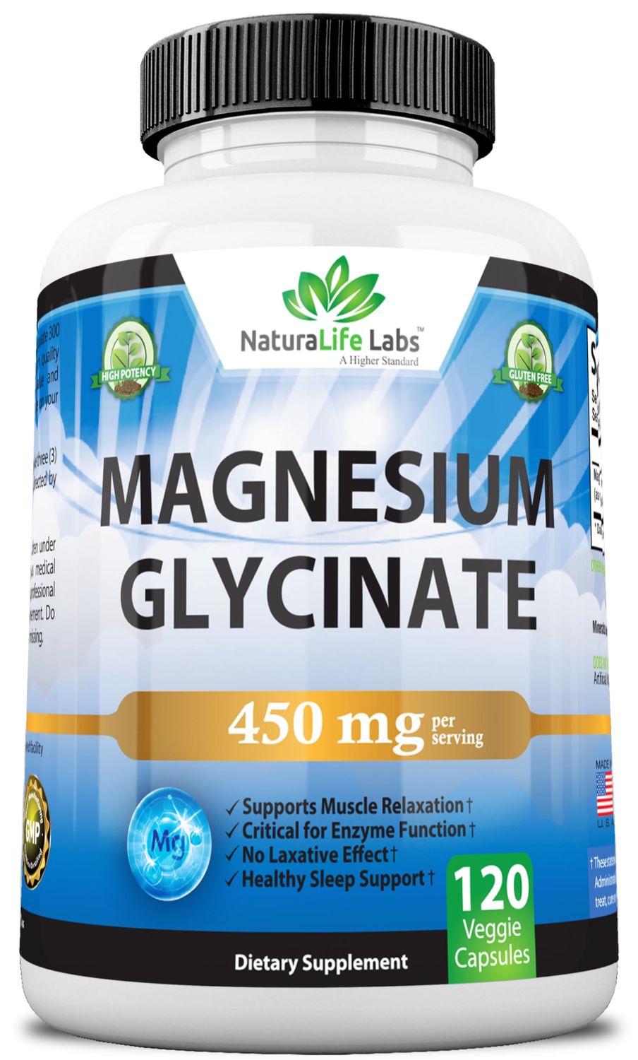 Magnesium Glycinate 450 MG No Laxative Effect - Vegan - Helps Function of Muscles, Bones, Non-GMO - 120 Veggie Capsules