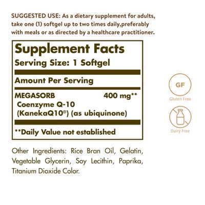 Solgar Megasorb CoQ-10 400 mg, 30 Softgels - Supports Heart & Brain Function - Coenzyme Q10 Supplement - Enhanced Absorption - Gluten Free, Dairy Free - 30 Servings