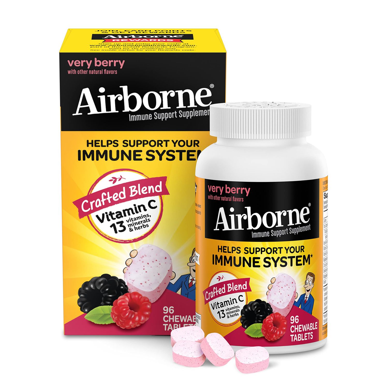 Airborne 1000mg Vitamin C Chewable Tablets with Zinc, Immune Support Supplement with Powerful Antioxidants Vitamins A C &amp; E - 96 Chewable Tablets, Very Berry Flavor