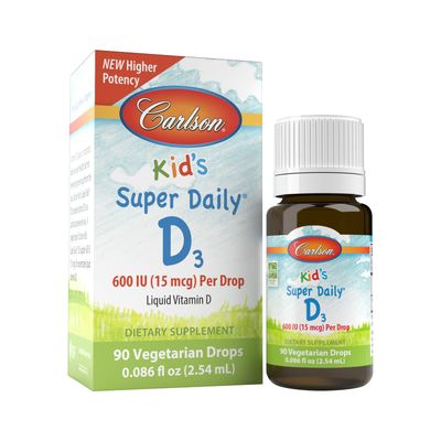 Carlson - Kid&#39;s Super Daily D3, Kids Vitamin D Drops, 600 IU (15 mcg) per Drop, Vegetarian, Liquid Vitamin D Drops for Kids, Unflavored, 90 Drops (2.54 mL)