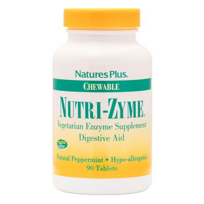 Natures Plus Nutri Zyme - 90 Chewable Tablets, Peppermint Flavor - Vegetarian Enzyme Supplement with Bromelain &amp; Papain, Natural Digestive Aid - Gluten-Free - 45 Servings
