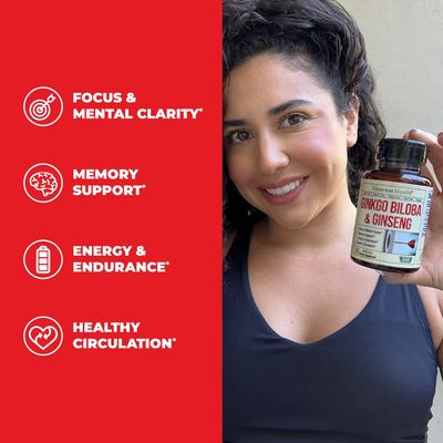 Ginseng + Ginkgo Biloba Supplements. Extra Strength Nootropics Brain Support Supplement for Memory &amp; Focus with Panax Ginseng Root Extract Powder 800mg + Gingko 600mg + Ginkgo Biloba Extract 120mg