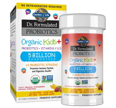 Garden of Life Kids Probiotics, Dr. Formulated Probiotics Organic Kids+ Vitamin C &amp; D, Strawberry Banana, Gluten Dairy &amp; Soy Free Immune &amp; Digestive Health Supplement, 30 Chewables (Shelf Stable)