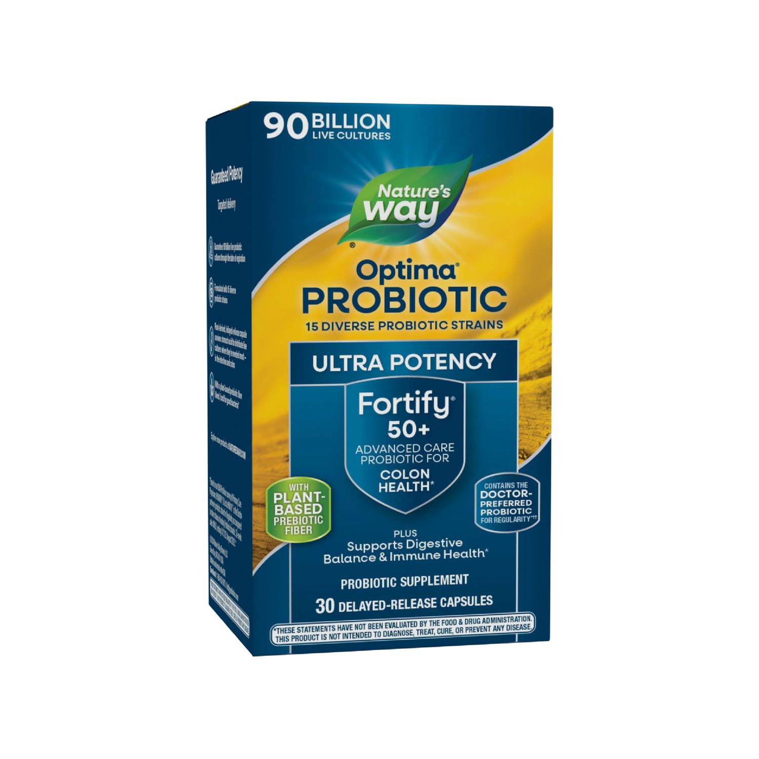 Natures Way Fortify Optima Age 50+ Probiotic - 90 Billion CFU - Colon Health &amp; Digestive Balance* - With Plant-Based Prebiotic Blend - Certified Gluten Free - 30 Delayed-Release Capsules