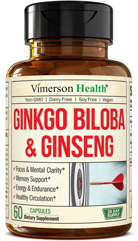 Ginseng + Ginkgo Biloba Supplements. Extra Strength Nootropics Brain Support Supplement for Memory &amp; Focus with Panax Ginseng Root Extract Powder 800mg + Gingko 600mg + Ginkgo Biloba Extract 120mg