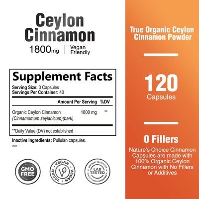 Organic Ceylon Cinnamon Capsules 1800mg - Pure Cinnamon Supplement, Certified Organic, Non-GMO, Gluten Free Cinnamon Powder, Antioxidant Cinnamon Pills Supplement, 120 Count Ceylon Cinnamon Capsules