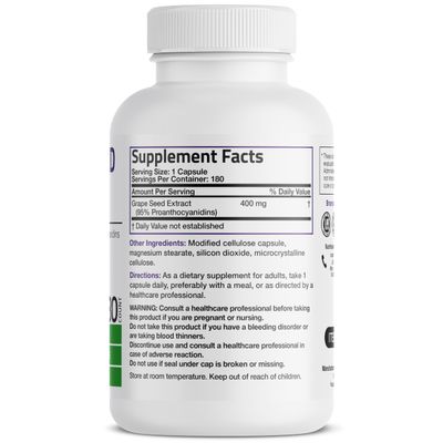 Bronson Grape Seed Extract 400 mg - Antioxidant &amp; Immune Support - Standardized Extract with 95% Proanthocyanidins- Non GMO, 180 Vegetarian Capsules