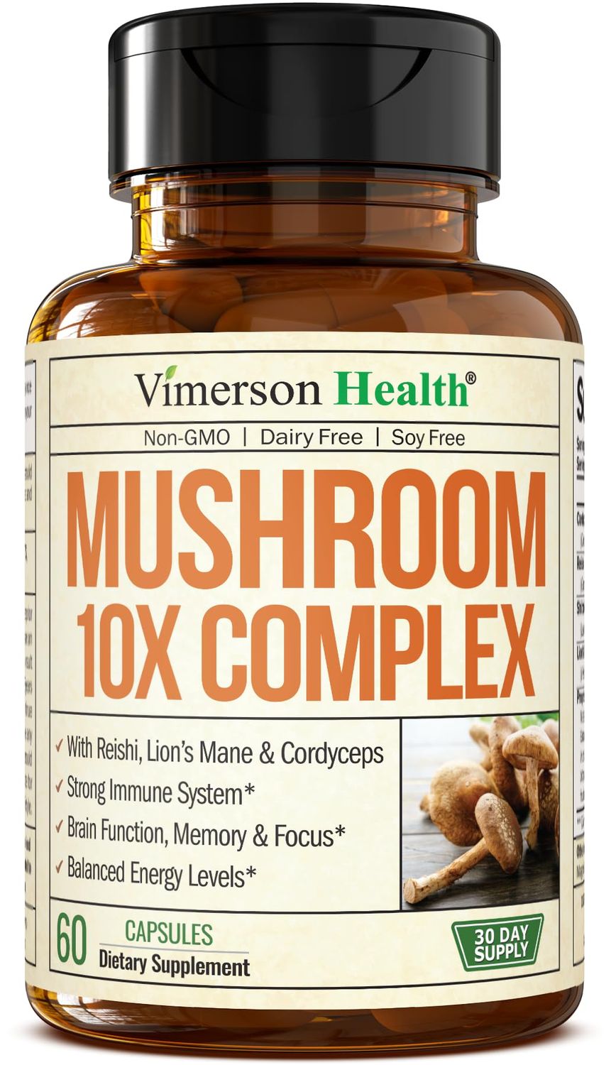 10-in-1 Mushroom Powder Supplement - Lions Mane Powder, Reishi Mushroom, Cordyceps, Chaga &amp; more. Mushroom Complex Capsules for Memory, Focus, Immune Support, Energy. 60 Turkey Tail Mushroom Capsules