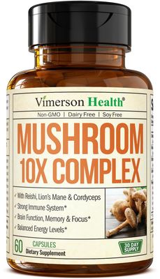10-in-1 Mushroom Powder Supplement - Lions Mane Powder, Reishi Mushroom, Cordyceps, Chaga &amp; more. Mushroom Complex Capsules for Memory, Focus, Immune Support, Energy. 60 Turkey Tail Mushroom Capsules