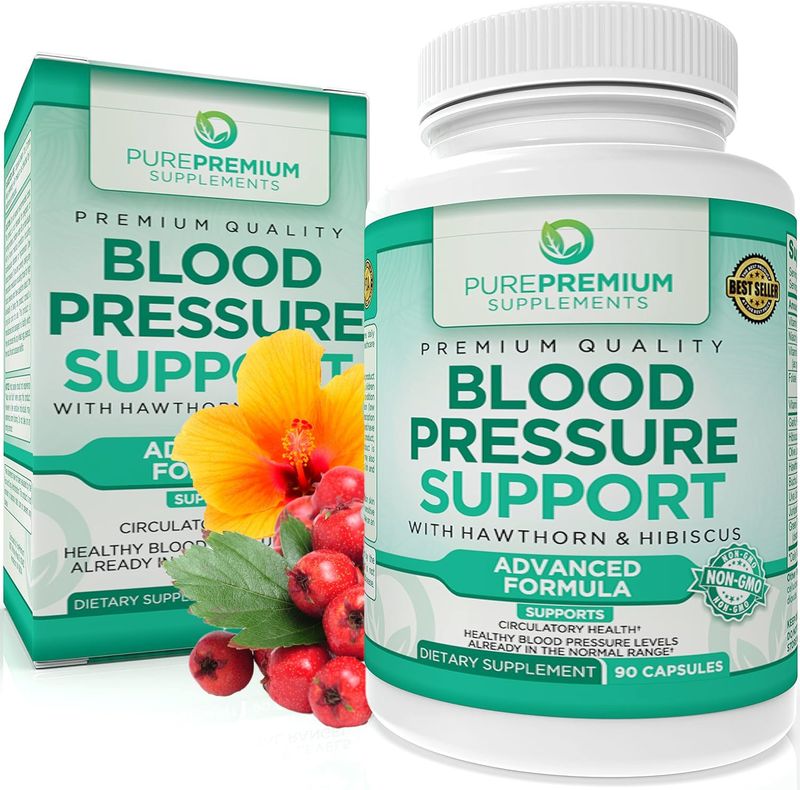 PurePremium Supplements Blood Pressure Supplements with Hawthorn Berry, Hibiscus - Nitric Oxide for Normal Blood Pressure Support w/Vitamin B12 - Garlic Supplements for Normal Nitric Oxide - 90 Caps