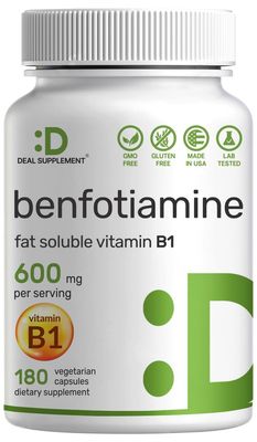 Benfotiamine 600mg Per Serving, 180 Veggie Capsules (300mg Per Cap) - Fat Soluble Vitamin B1 Thiamine Supplement - 3rd Party Tested, Vegan, Non-GMO, Gluten Free