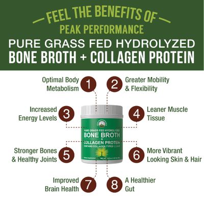 Peak Performance Hydrolyzed Bone Broth and Collagen Unflavored Protein Peptides Powder Contains All Collagen Types: 1, 2, and 3. Pure Pasture, Raised Grass Fed, Paleo Friendly, Gluten + Dairy Free