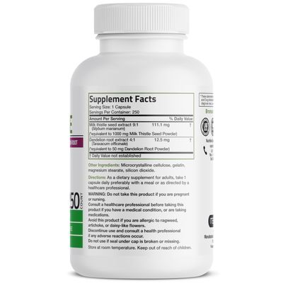 Bronson Milk Thistle Silymarin Marianum &amp; Dandelion Root Liver Health Support, Antioxidant Support, Detox, 250 Capsules