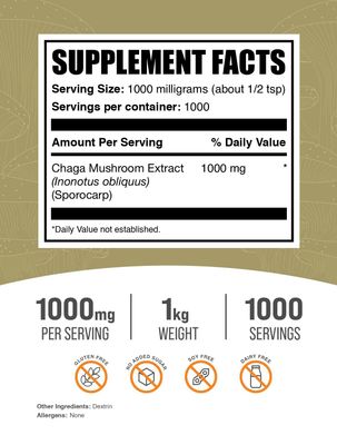 BulkSupplements.com Chaga Mushroom Extract Powder - Chaga Extract, Chaga Mushrooms Powder - for Immune Support, Gluten Free - 1000mg per Serving, 1kg (2.2 lbs) (Pack of 1)